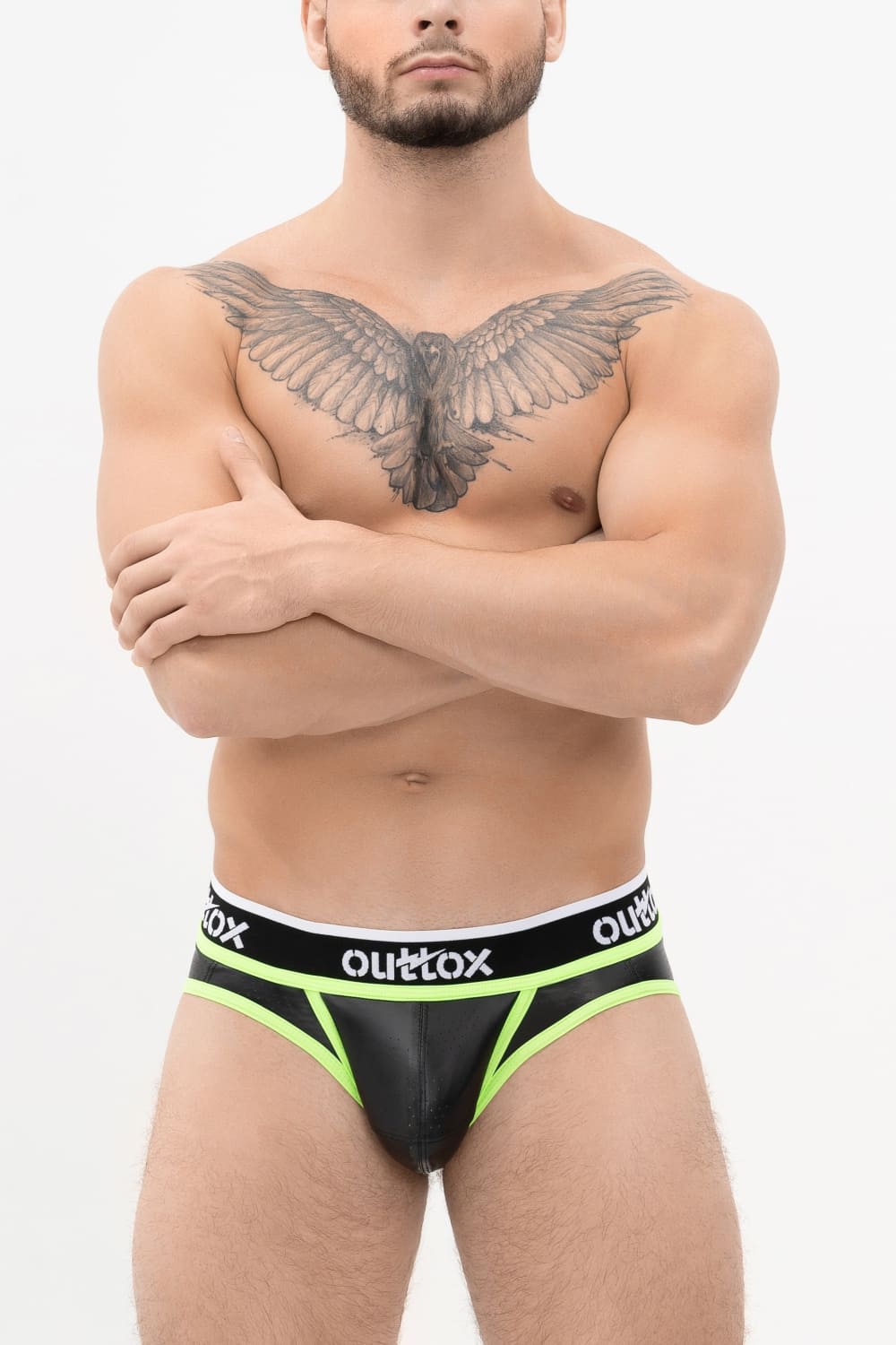 Outtox. Wrapped Rear Briefs with Snap Codpiece. Black+Green &