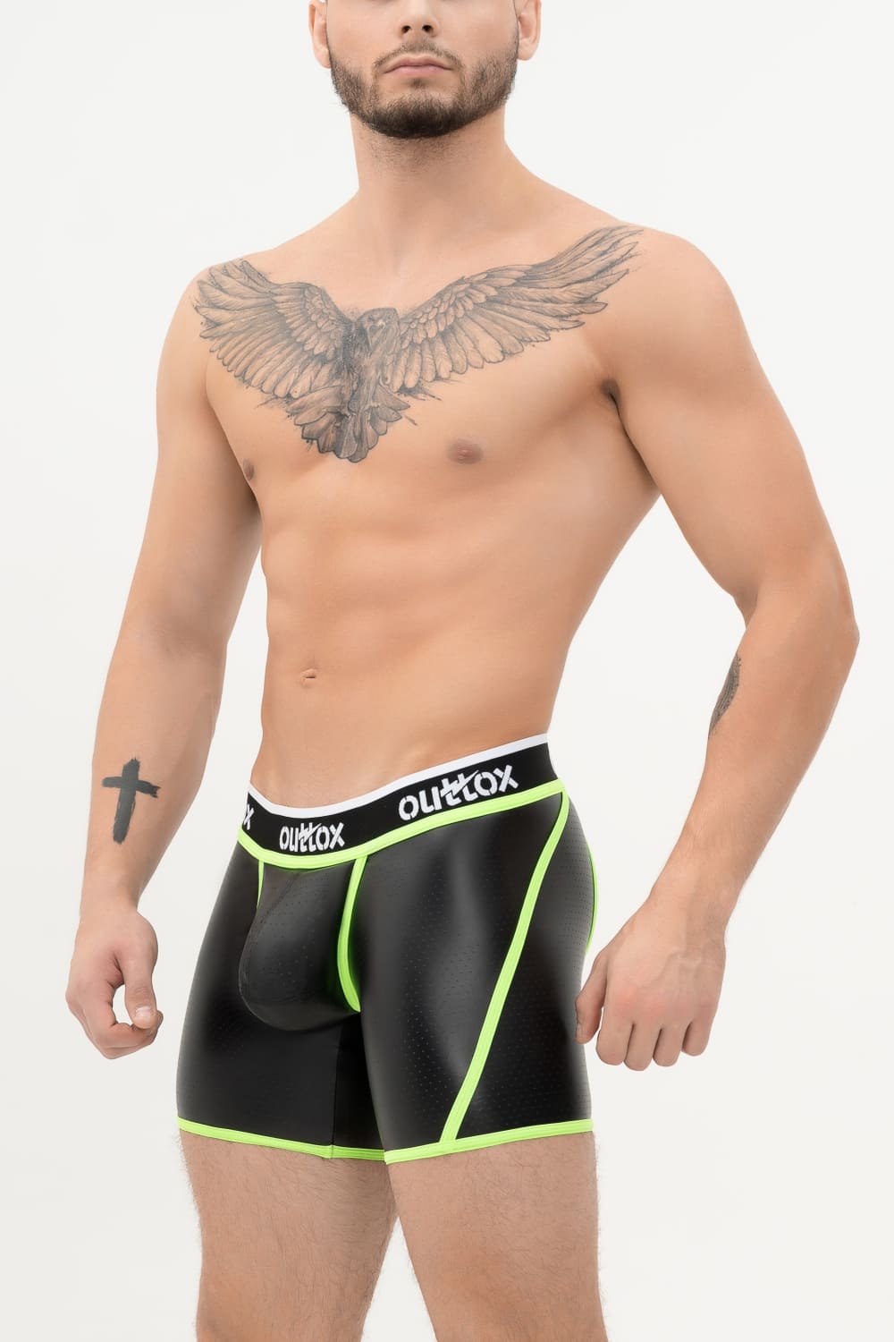 Outtox. Shorts mit offenem Rücken und Druckknopf-Codpiece. Schwarz+Grün „Neon“