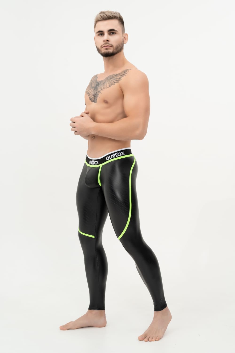 Outtox. Leggings mit Reißverschluss hinten und Druckknopf-Codpiece. Schwarz+Grün „Neon“