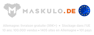 maskulo.de logo and text in French about the 99 EUR threshold for free delivery, shipping from the EU stockroom and that for 10 years more than 100 thousand purchases were delivered to 1405 towns and cities in Germany and 101 countries of the world