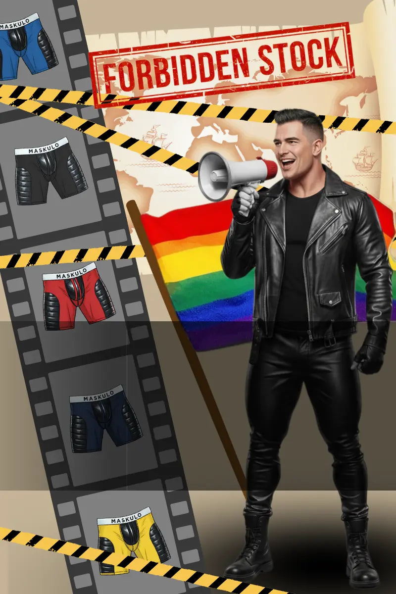 Man in leather jacket holding a megaphone with 'FORBIDDEN STOCK' sign and rainbow flag.