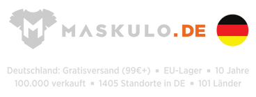 maskulo.de logo and text in German about the 99 EUR threshold for free delivery, shipping from the EU stockroom and that for 10 years more than 100 thousand purchases were delivered to 1405 towns and cities in Germany and 101 countries around the world
