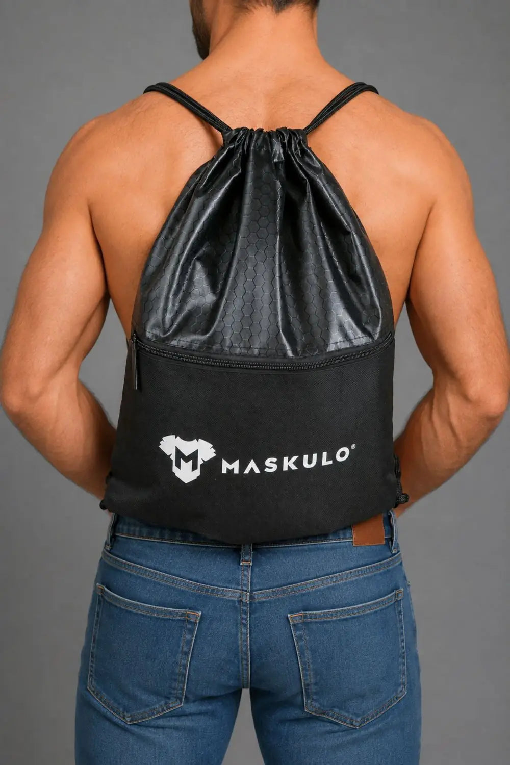 Maskulo Black polyester Drawstring Bag for gym or party. Essential gear for leather fetish fans and the puppy subculture.