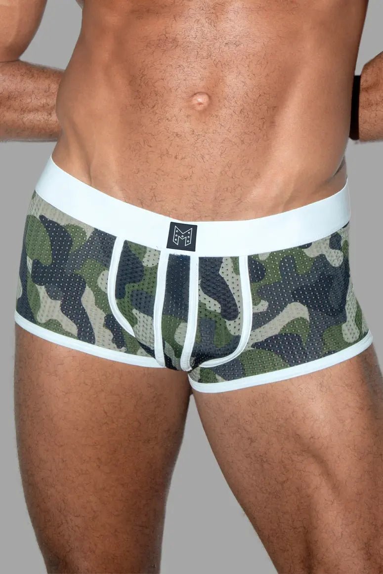 Maskulo Rook Steelguard Mesh Trunks, white camouflage, size L. Durable, comfortable, mesh underwear for men.