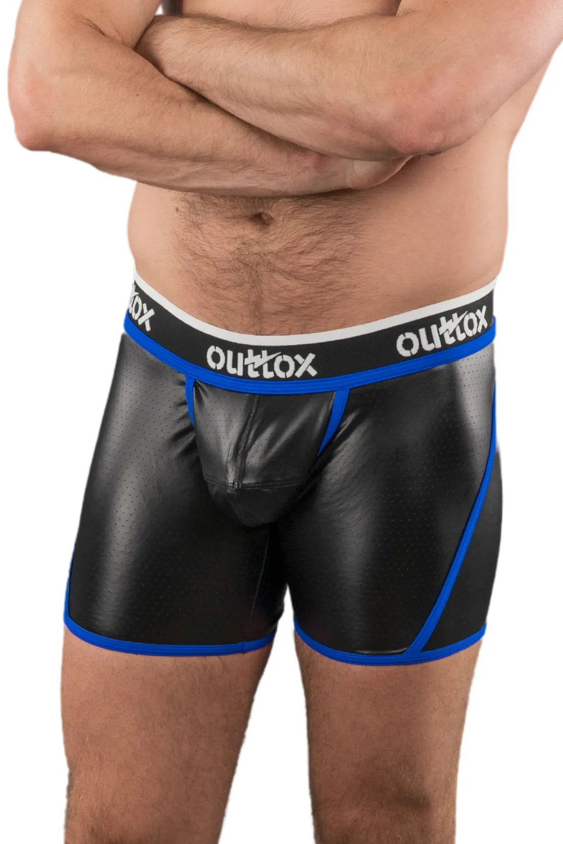 Maskulo Outtox open rear shorts with snap codpiece in black and blue, featuring a daring design for men. Durable and comfortable.