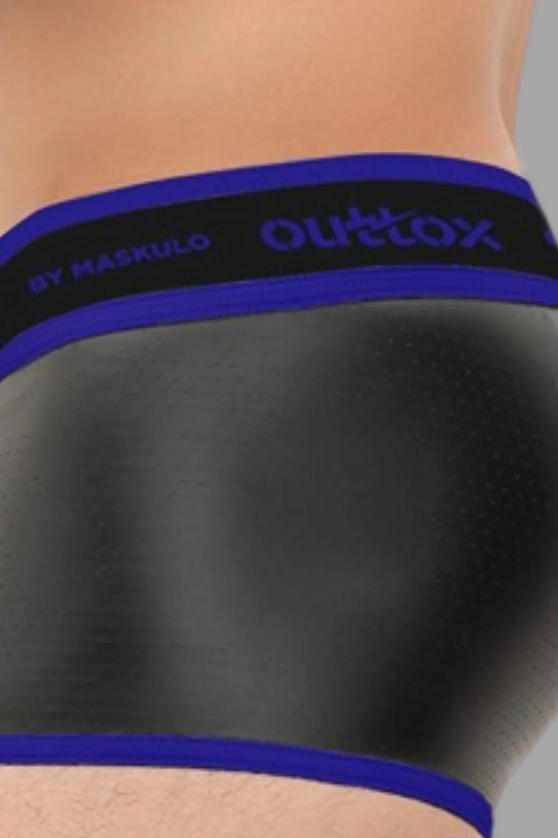 Outtox by Maskulo Wrapped Rear Trunk Shorts in Black and Blue, featuring perforated PU eco leather, snap pouch, and logo waistband.
