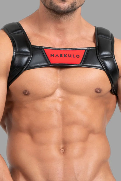 Bulldog Harness with 3D Logo. Black and Red