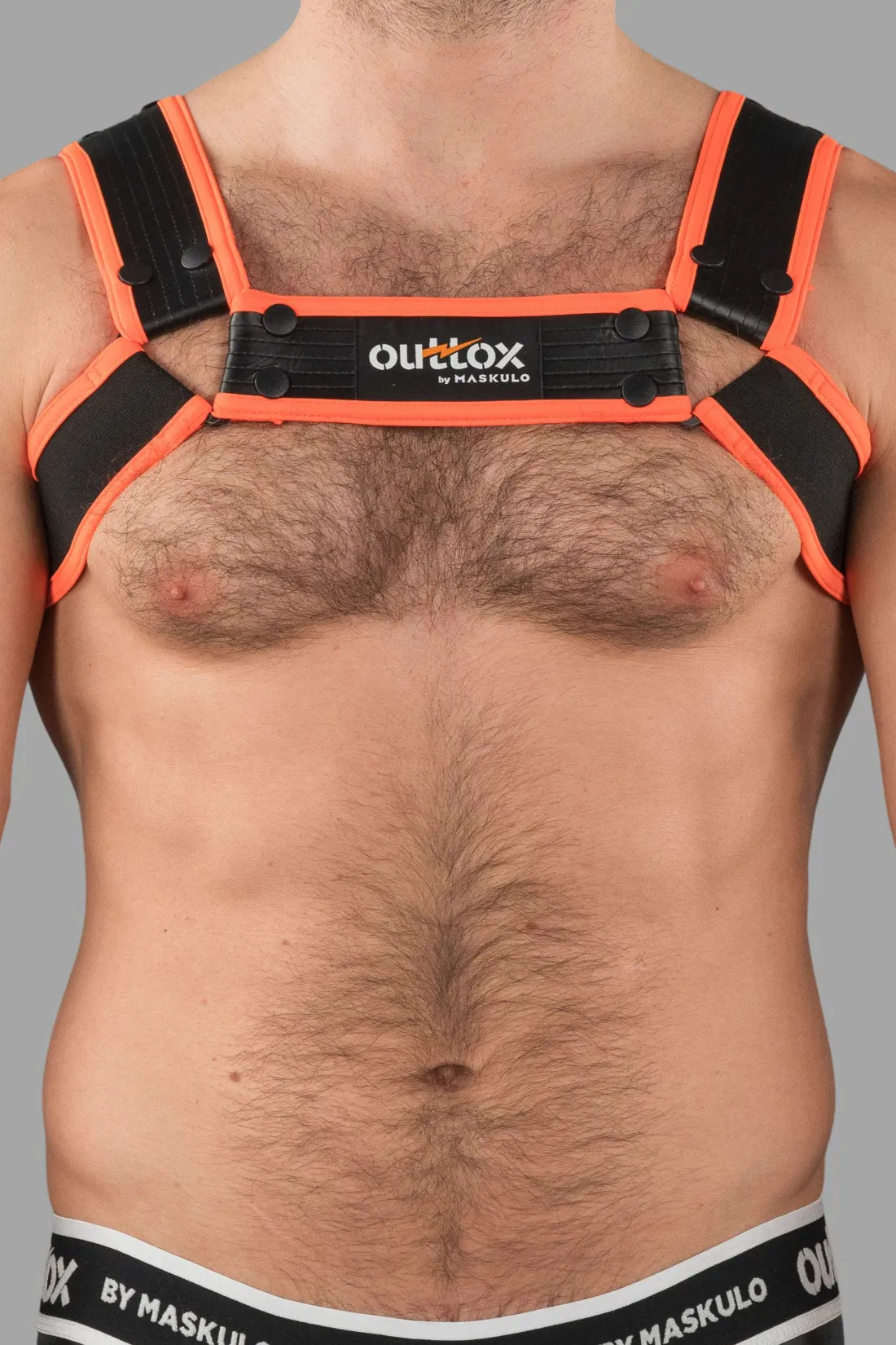 Outtox by Maskulo. Bulldog Harness with Snaps. Black and Orange