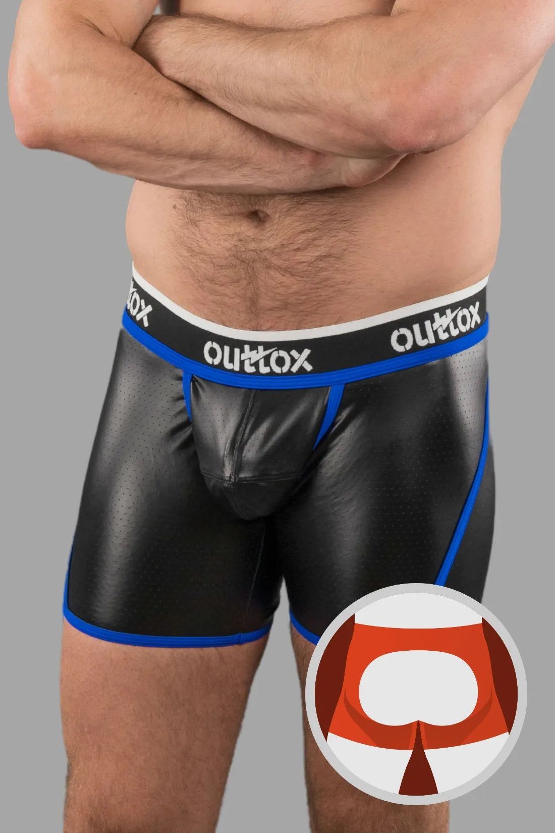 Outtox. Shorts mit offenem Rücken und Druckknopf-Codpiece. Schwarz und Blau