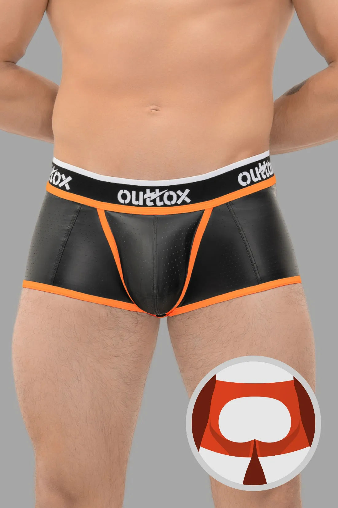 Outtox. Shorts mit offenem Rücken und Druckknopf-Codpiece. Schwarz und Orange
