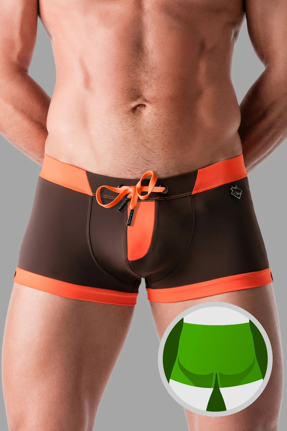 Short de bain avec imitation zip sur le devant. Marron et orange