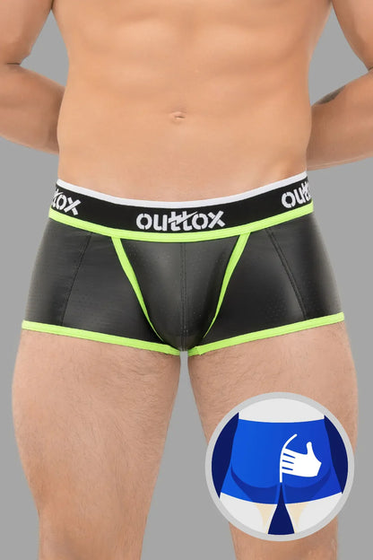 Outtox. Gewickelte Shorts mit Druckknopfverschluss. Schwarz und Neongrün