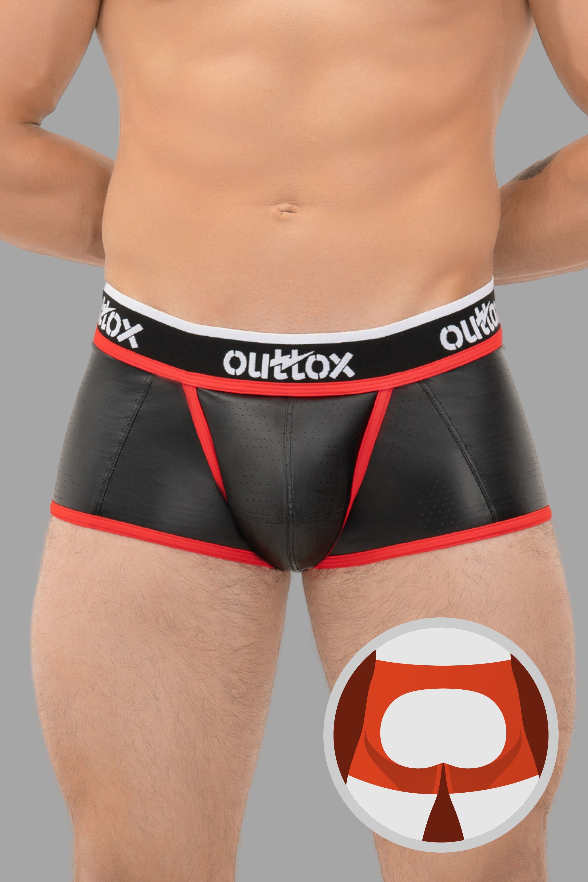Outtox. Open Rear Trunk Shorts with Snap Codpiece. Black+Red