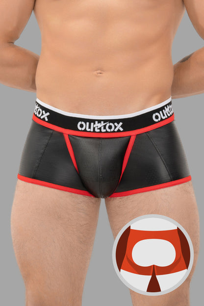 Outtox. Shorts mit offenem Rücken und Druckknopf-Codpiece. Schwarz+Rot
