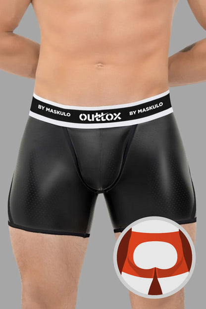 Outtox by Maskulo. Open Rear Shorts with Snap Codpiece. Black