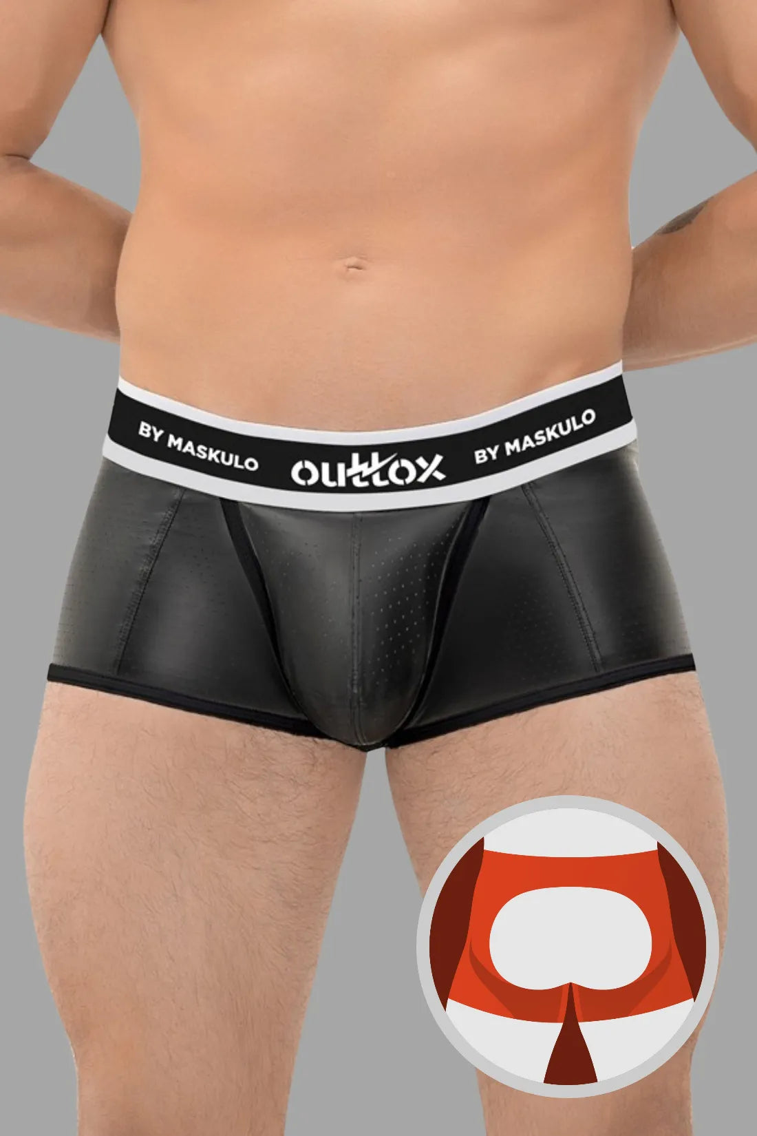 Outtox. Open Rear Trunk Shorts with Snap Codpiece. Black