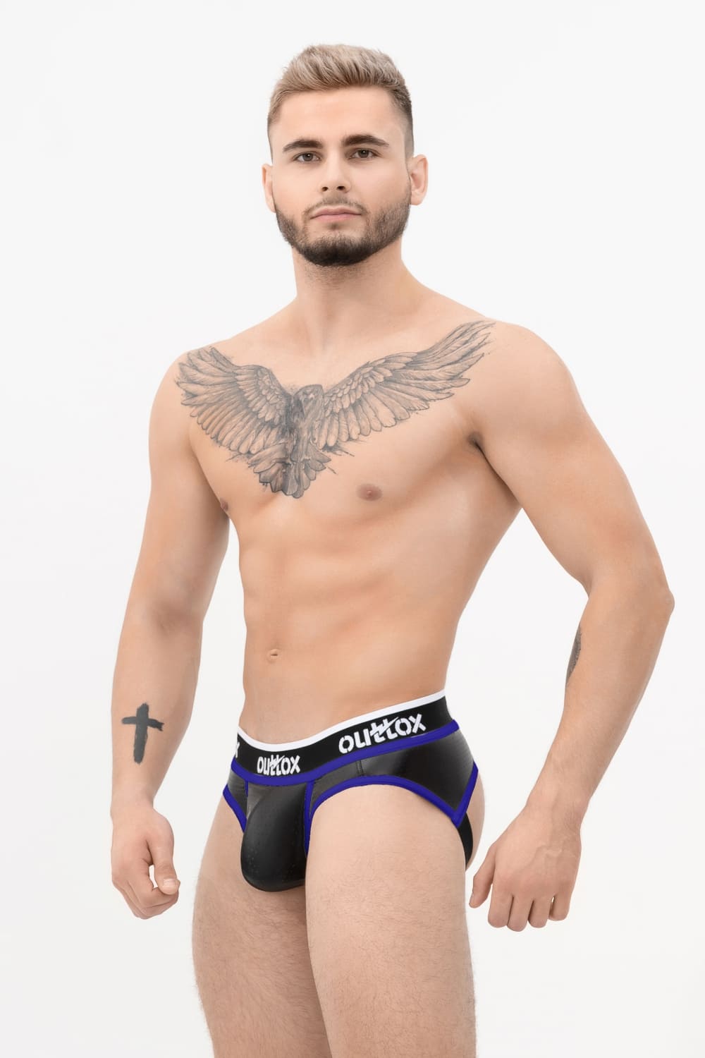 Outtox. Open Rear Briefs with Snap Codpiece. Black+Blue &