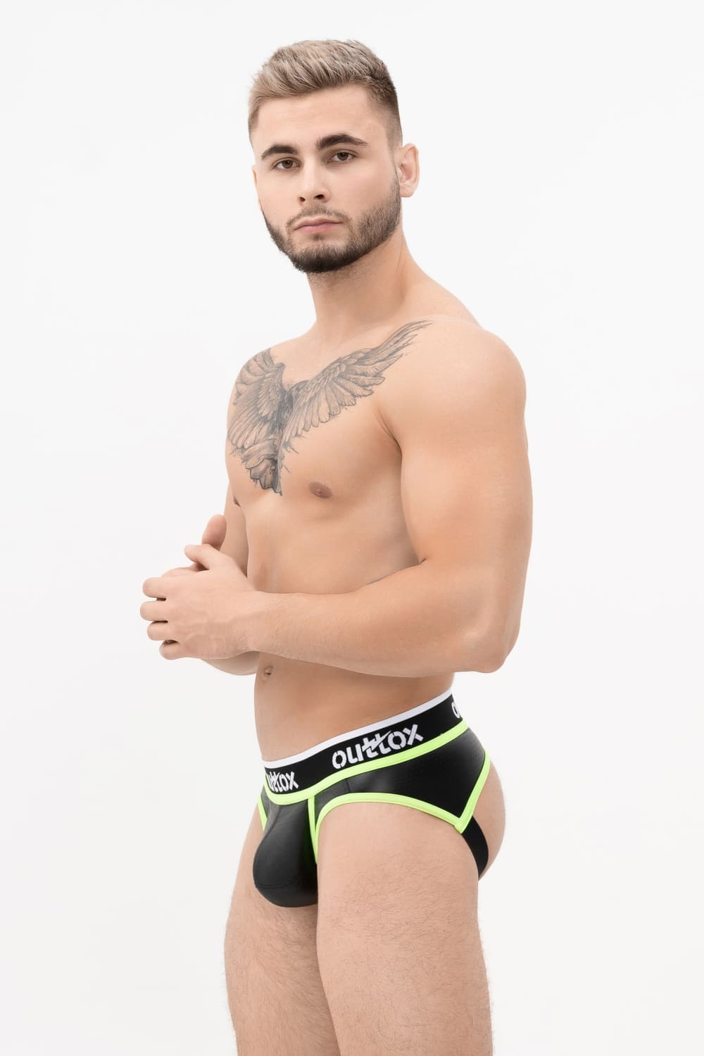 Outtox. Open Rear Briefs with Snap Codpiece. Black+Green &