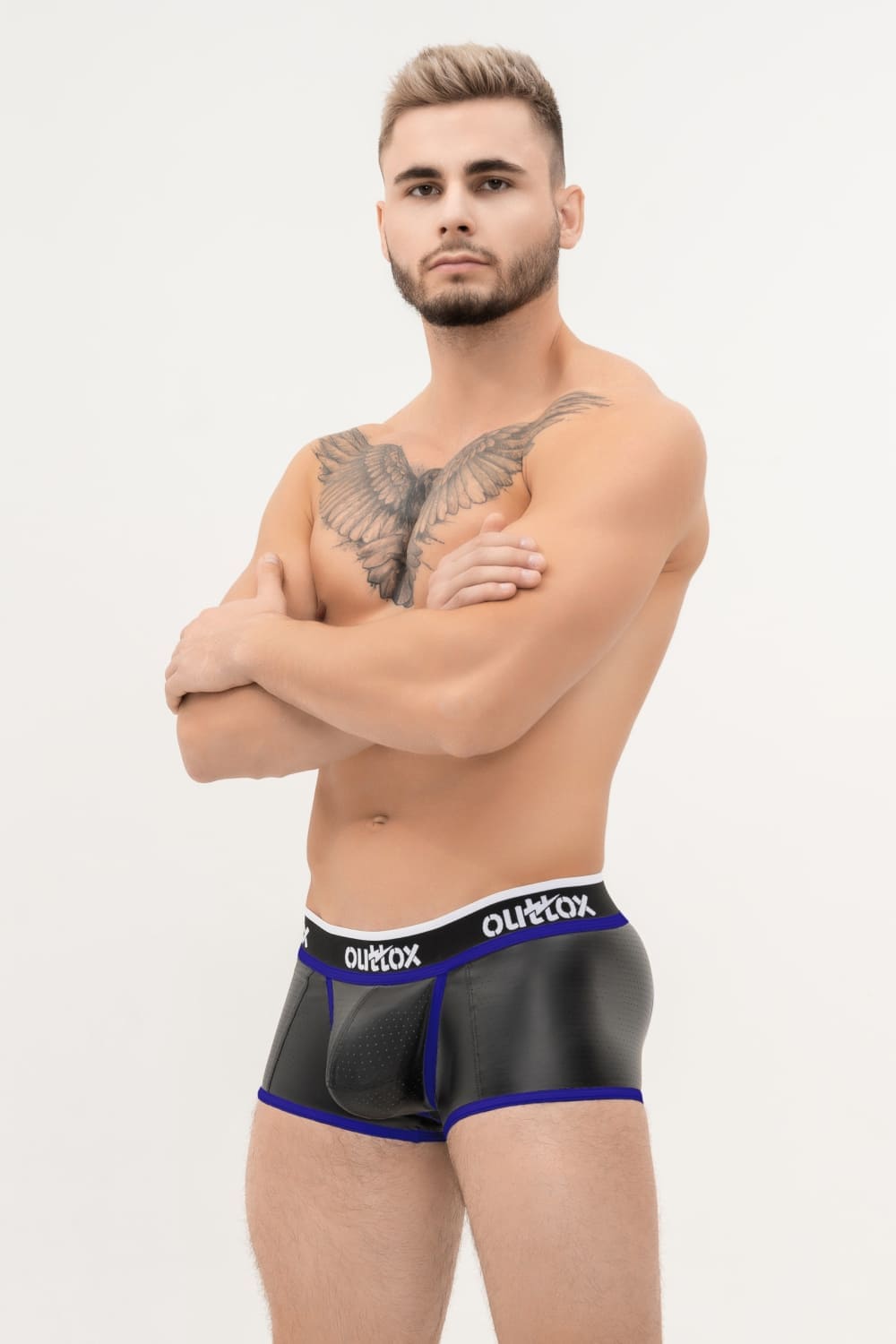 Outtox. Wrapped Rear Trunk Shorts with Snap Codpiece. Black+Blue &