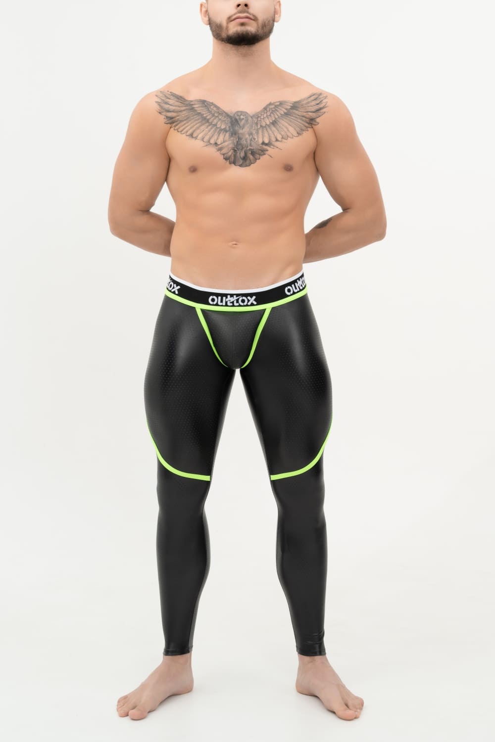 Outtox. Zip-Rear Leggings with Snap Codpiece. Black+Green &