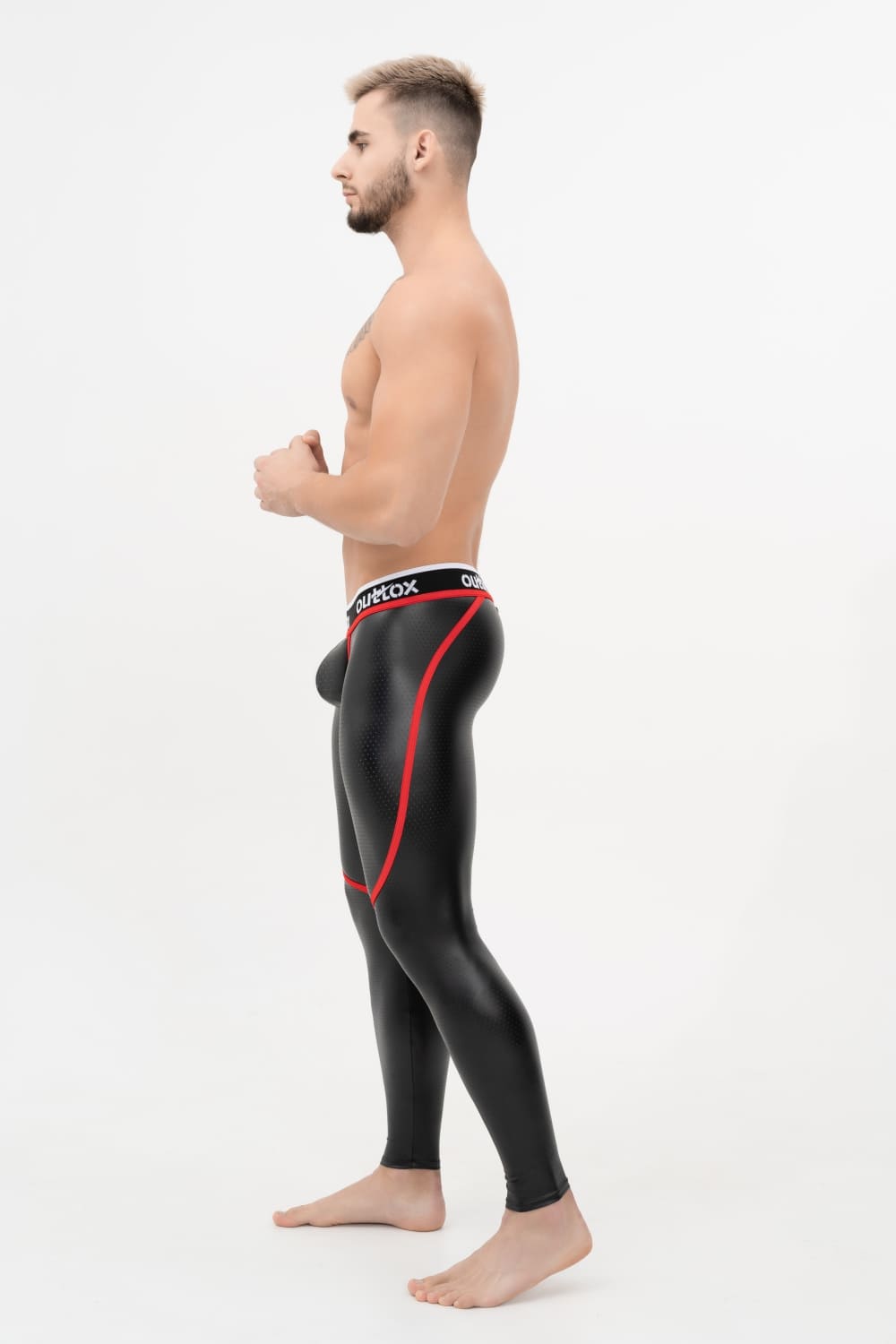 Outtox. Zip-Rear Leggings with Snap Codpiece. Black+Red