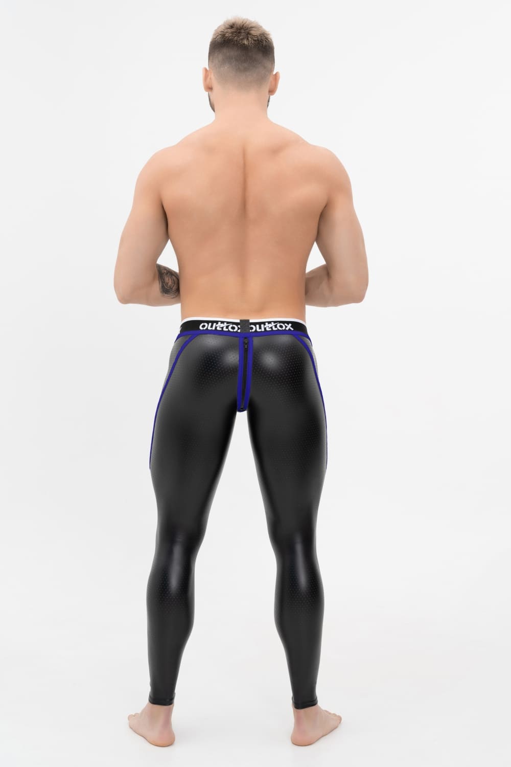 Outtox. Zip-Rear Leggings with Snap Codpiece. Black+Blue &