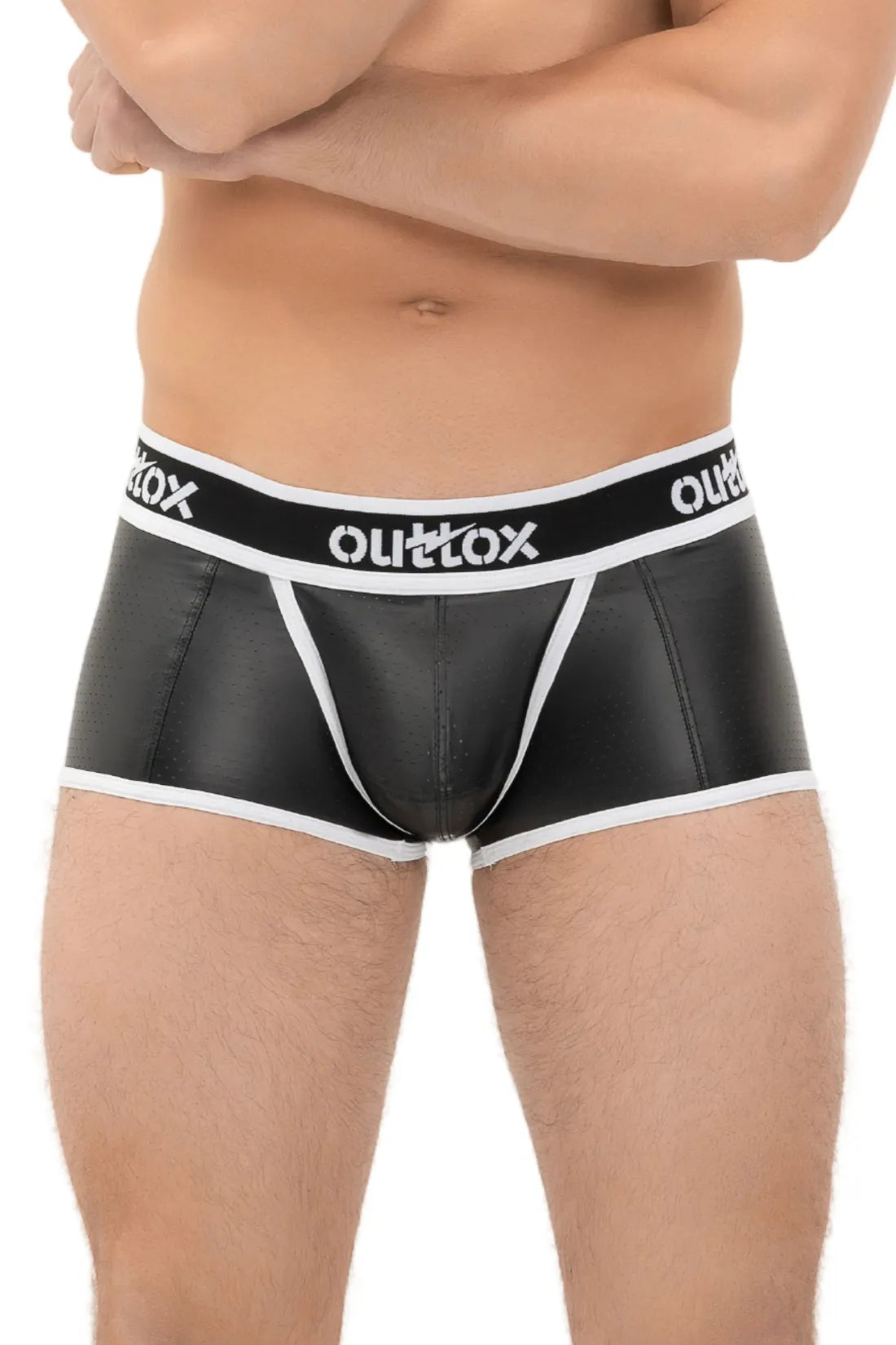 Outtox. Wrapped Rear Trunk Shorts with Snap Codpiece. Black and White