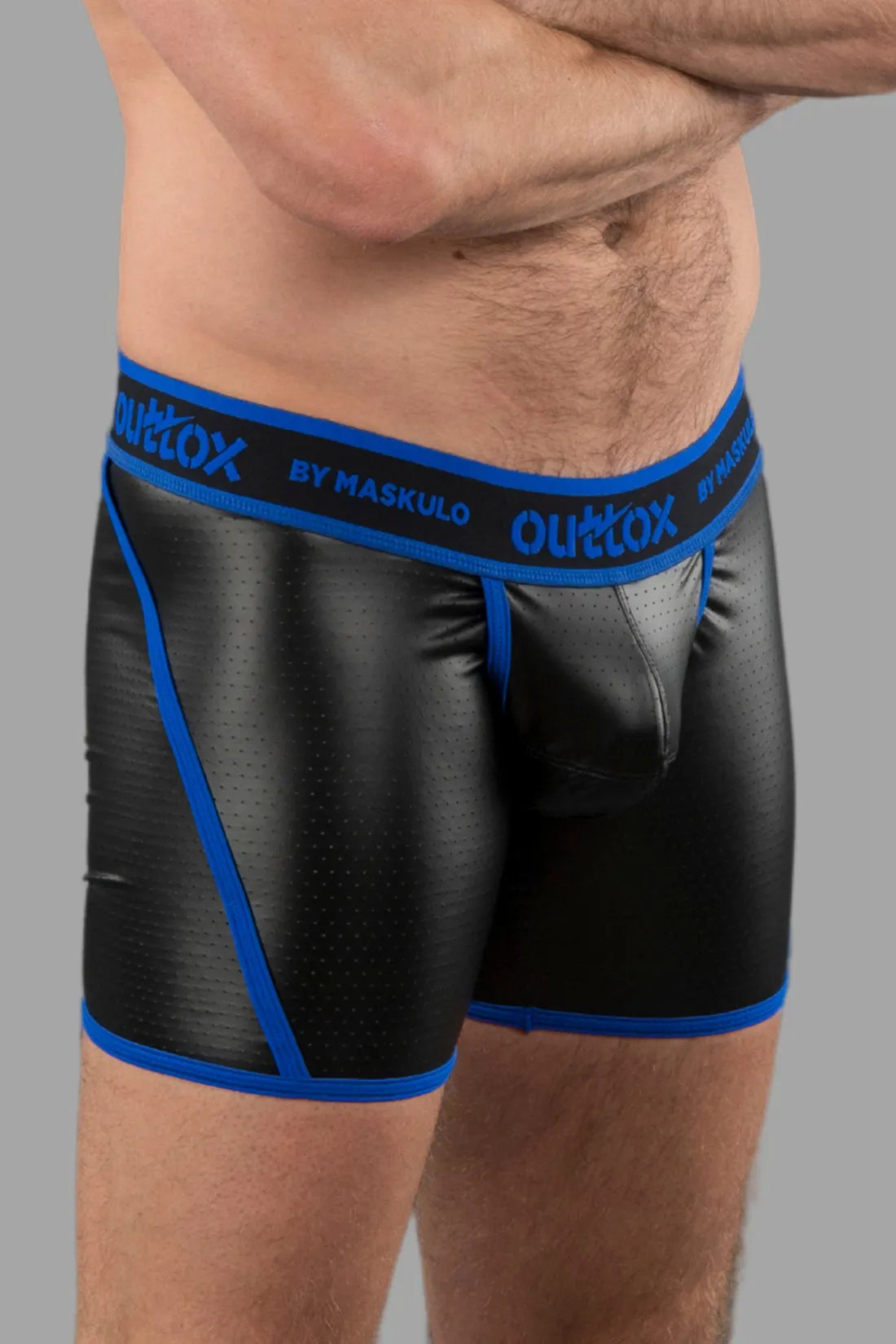 Outtox by Maskulo. Open Rear Shorts with Snap Codpiece. Black and Blue