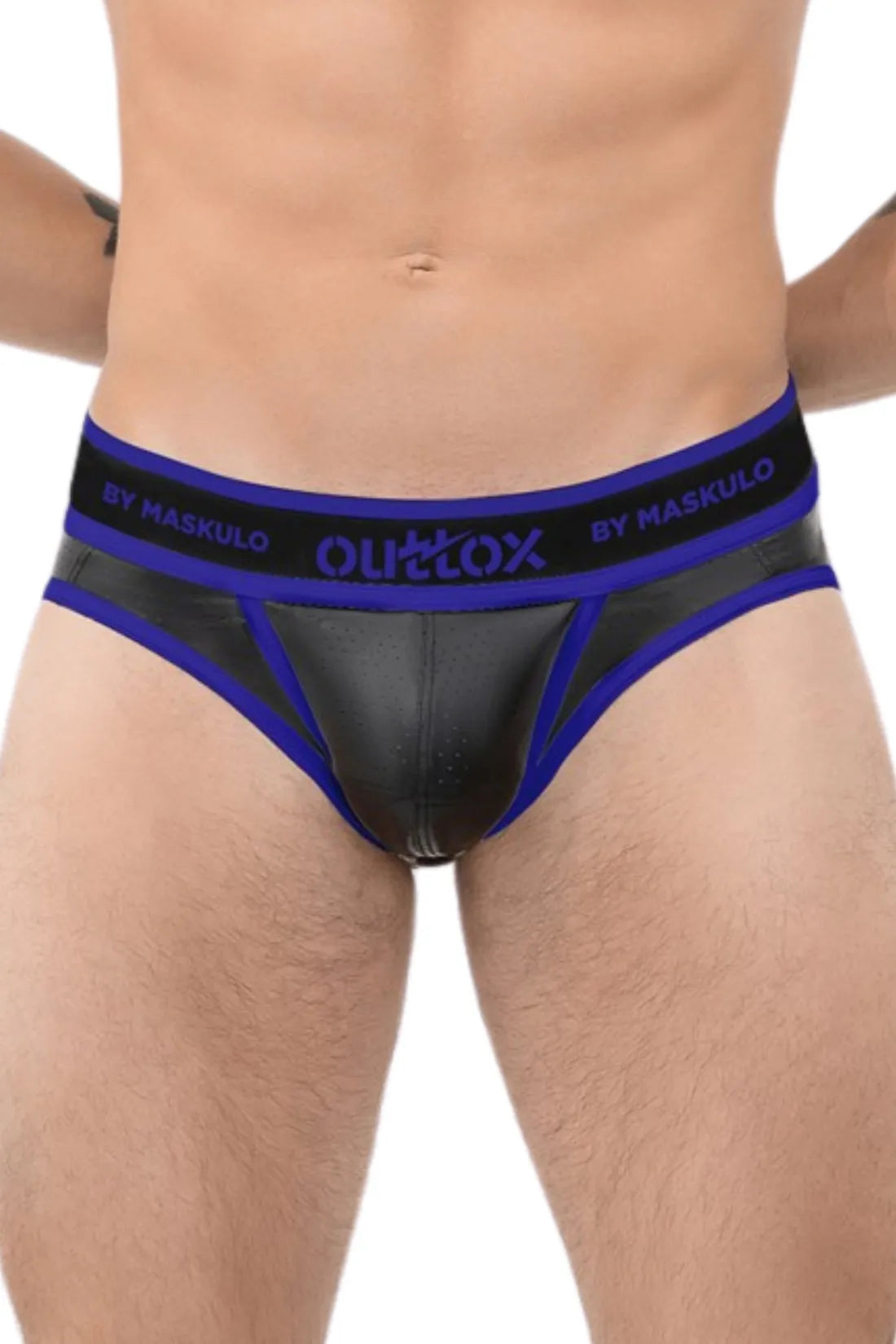 Outtox. Open achterslip met drukknoopsluiting. Blauw