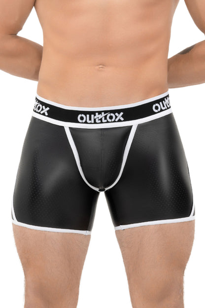 Outtox. Shorts mit offenem Rücken und Druckknopf-Codpiece. Schwarz+Weiß