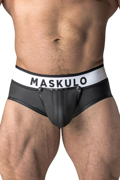 Armored. Rubber look Briefs. Detachable pouch. Zippered rear. Black