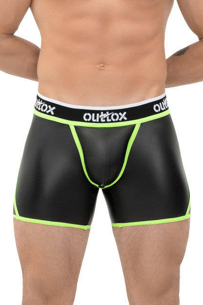 Outtox. Open Rear Shorts with Snap Codpiece. Black+Green &