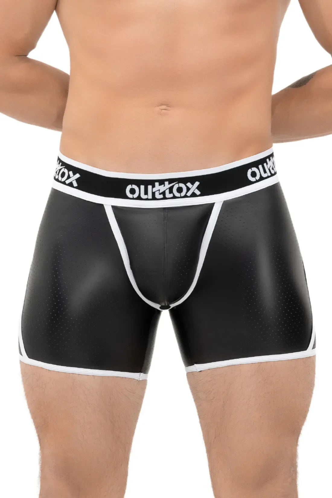 Outtox. Shorts mit offenem Rücken und Druckknopf-Codpiece. Schwarz und Weiß