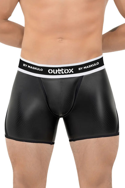 Outtox by Maskulo. Open Rear Shorts with Snap Codpiece. Black