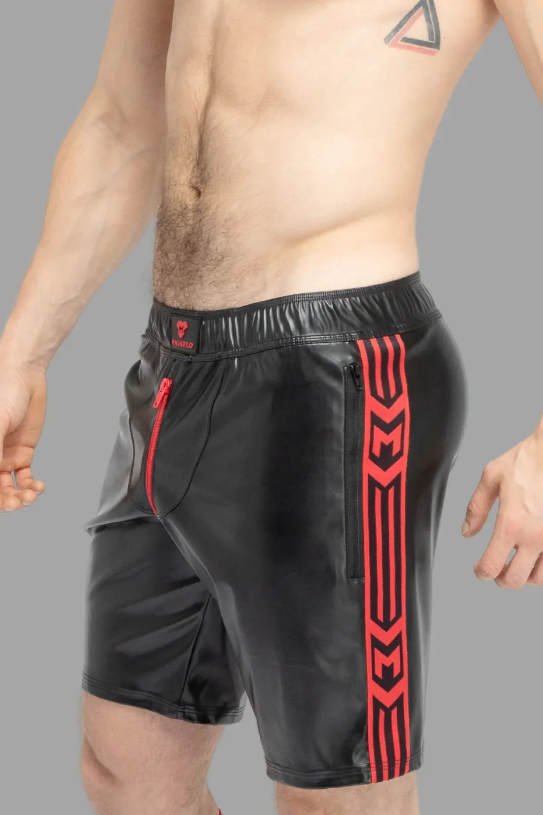Skulla. Leatherette Soccer Shorts. Black and Red