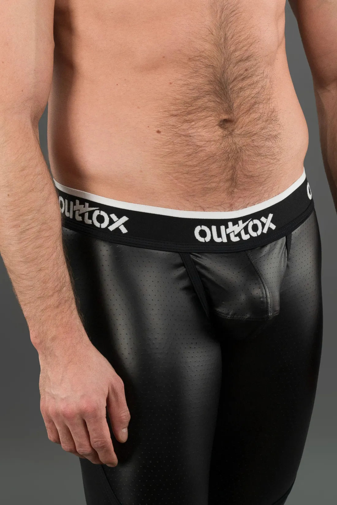 Outtox. Zippered Rear Leggings with Snap Codpiece. Black