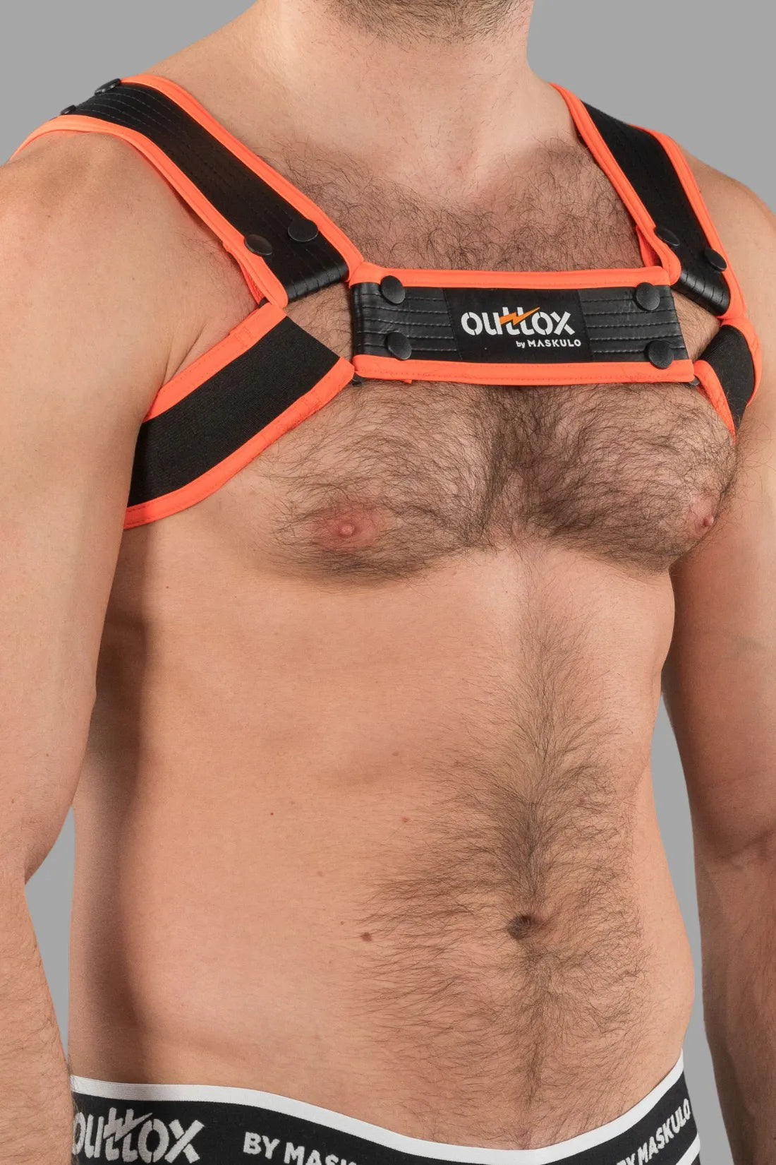 Outtox by Maskulo. Bulldog Harness with Snaps. Black and Orange