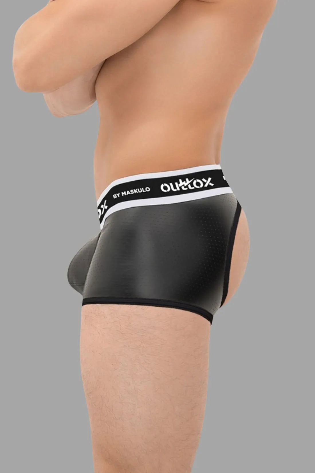 Outtox. Open Rear Trunk Shorts with Snap Codpiece. Black