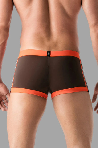 Short de bain avec imitation zip sur le devant. Marron et orange