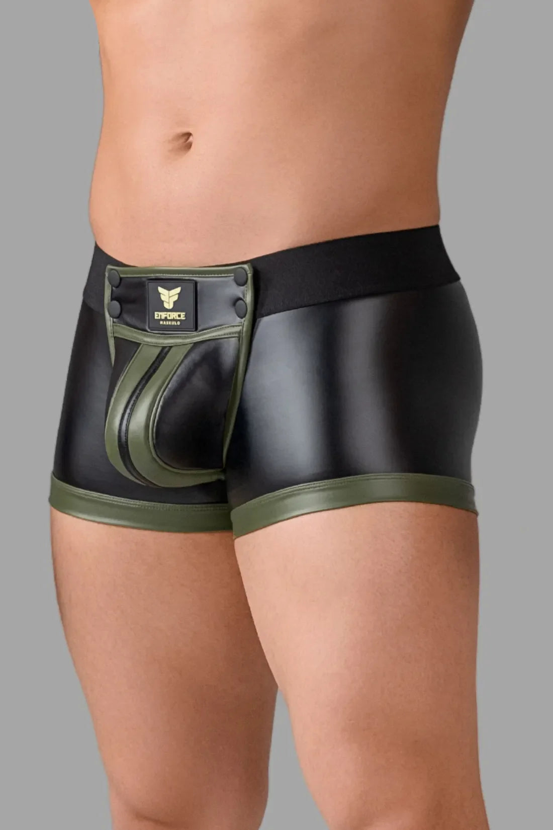 EnForce. Taillehoge Codpiece Trunk-short. Achterkant met ritssluiting. Zwart