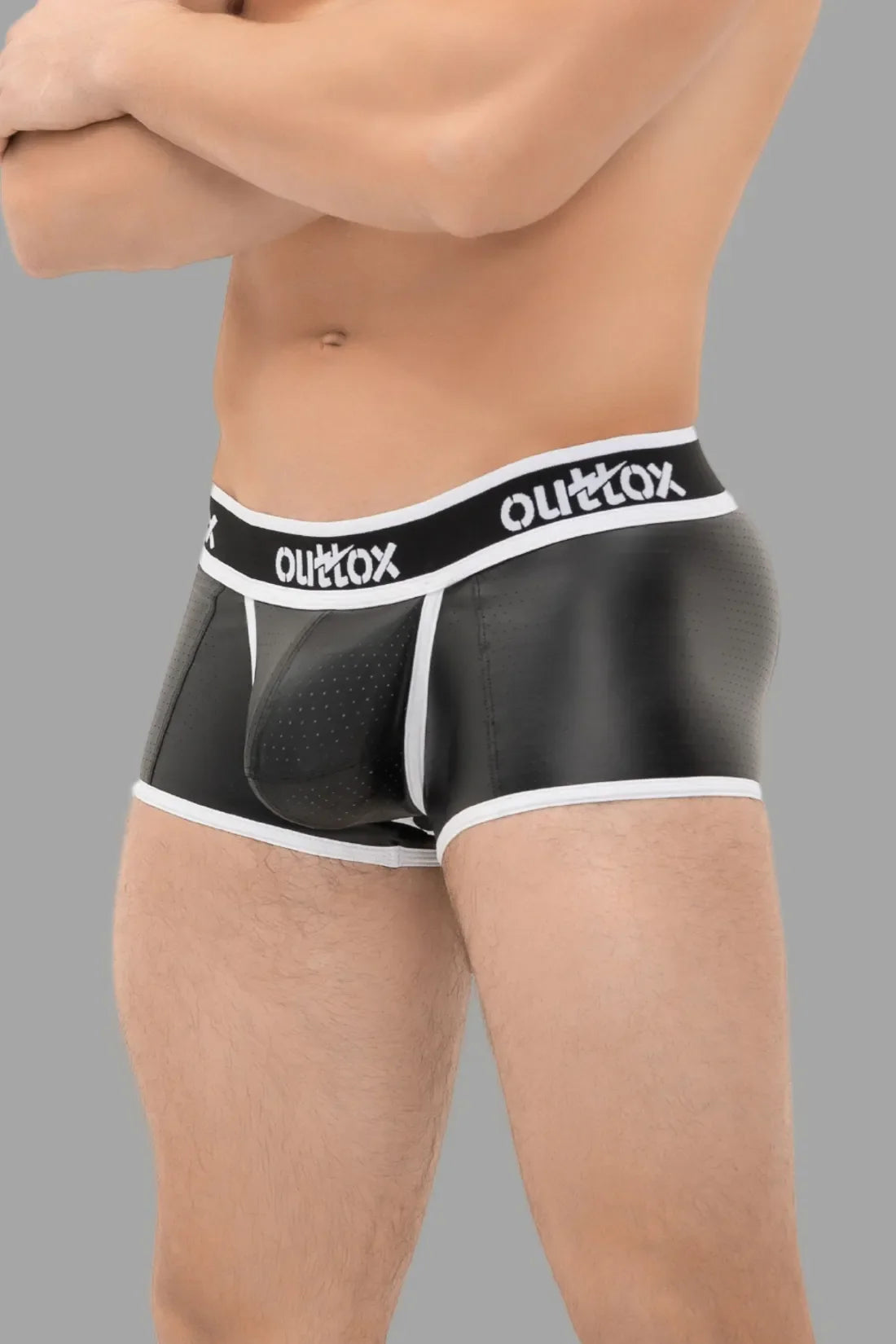 Outtox. Open Rear Trunk Shorts with Snap Codpiece. Black and White