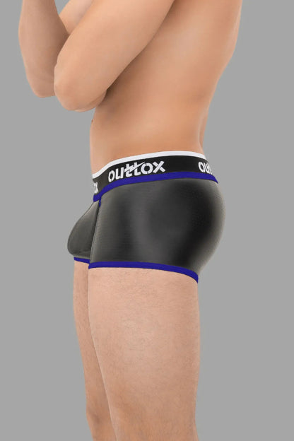 Outtox. Wrapped Rear Trunk Shorts with Snap Codpiece. Black and Blue