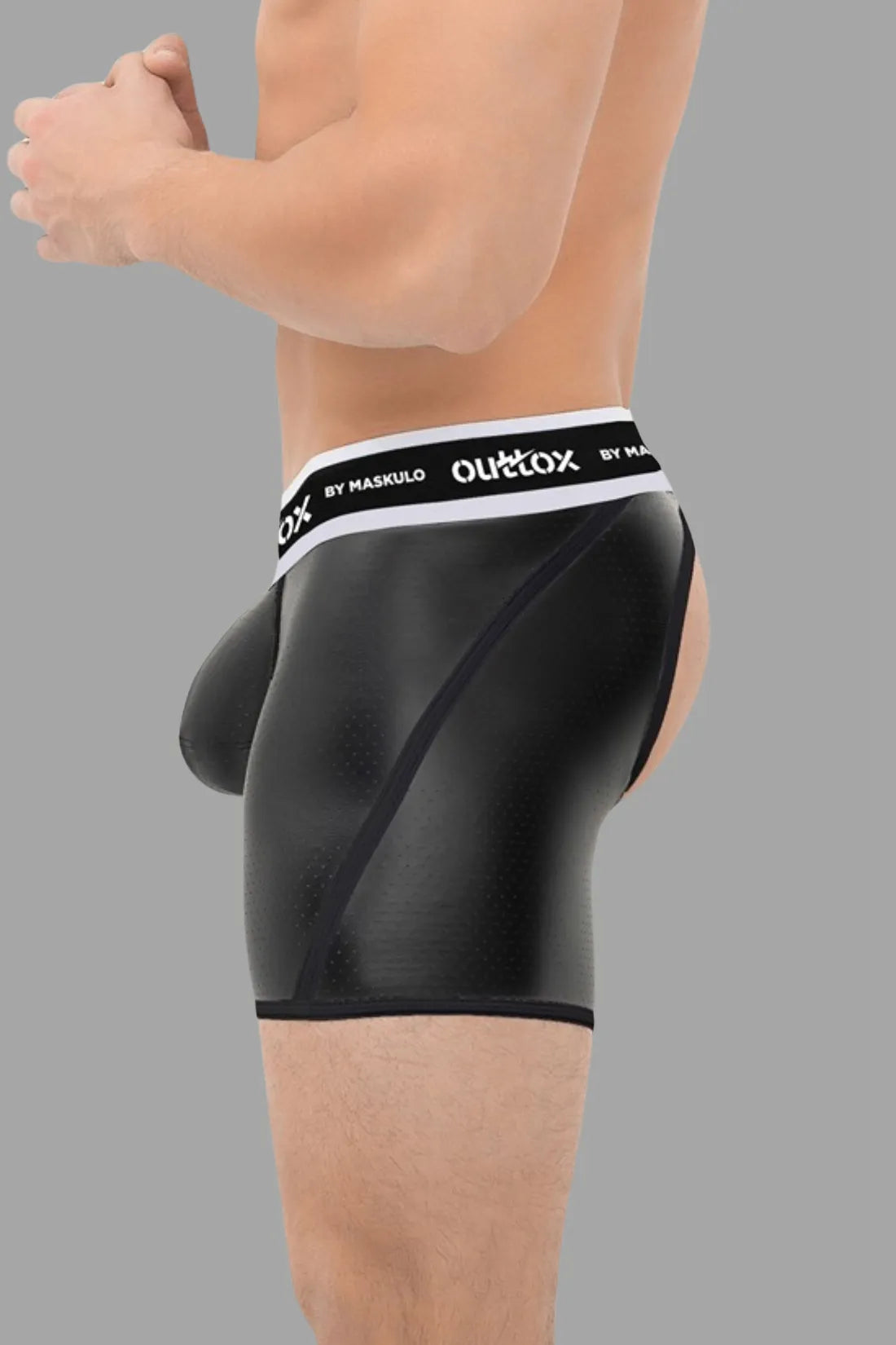 Outtox by Maskulo. Open Rear Shorts with Snap Codpiece. Black