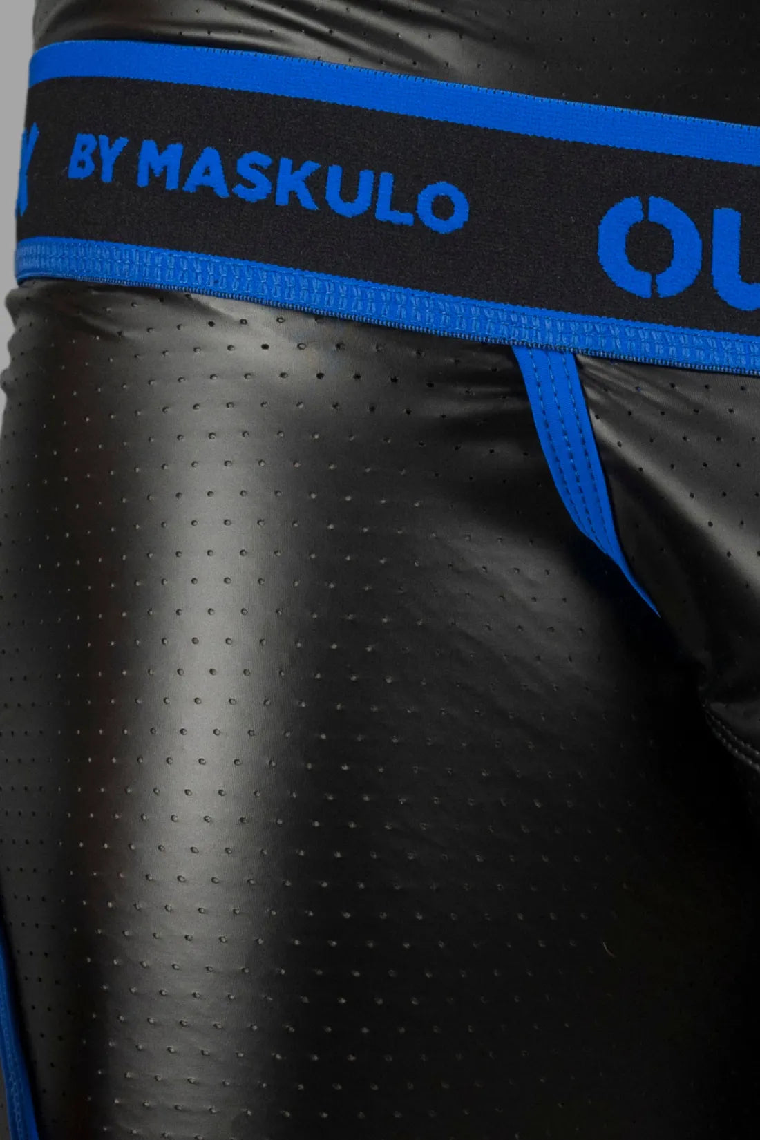 Outtox by Maskulo. Open Rear Shorts with Snap Codpiece. Black and Blue