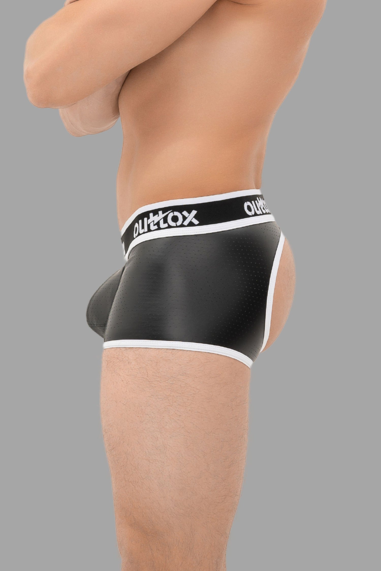 Outtox. Open Rear Trunk Shorts with Snap Codpiece. Black+White