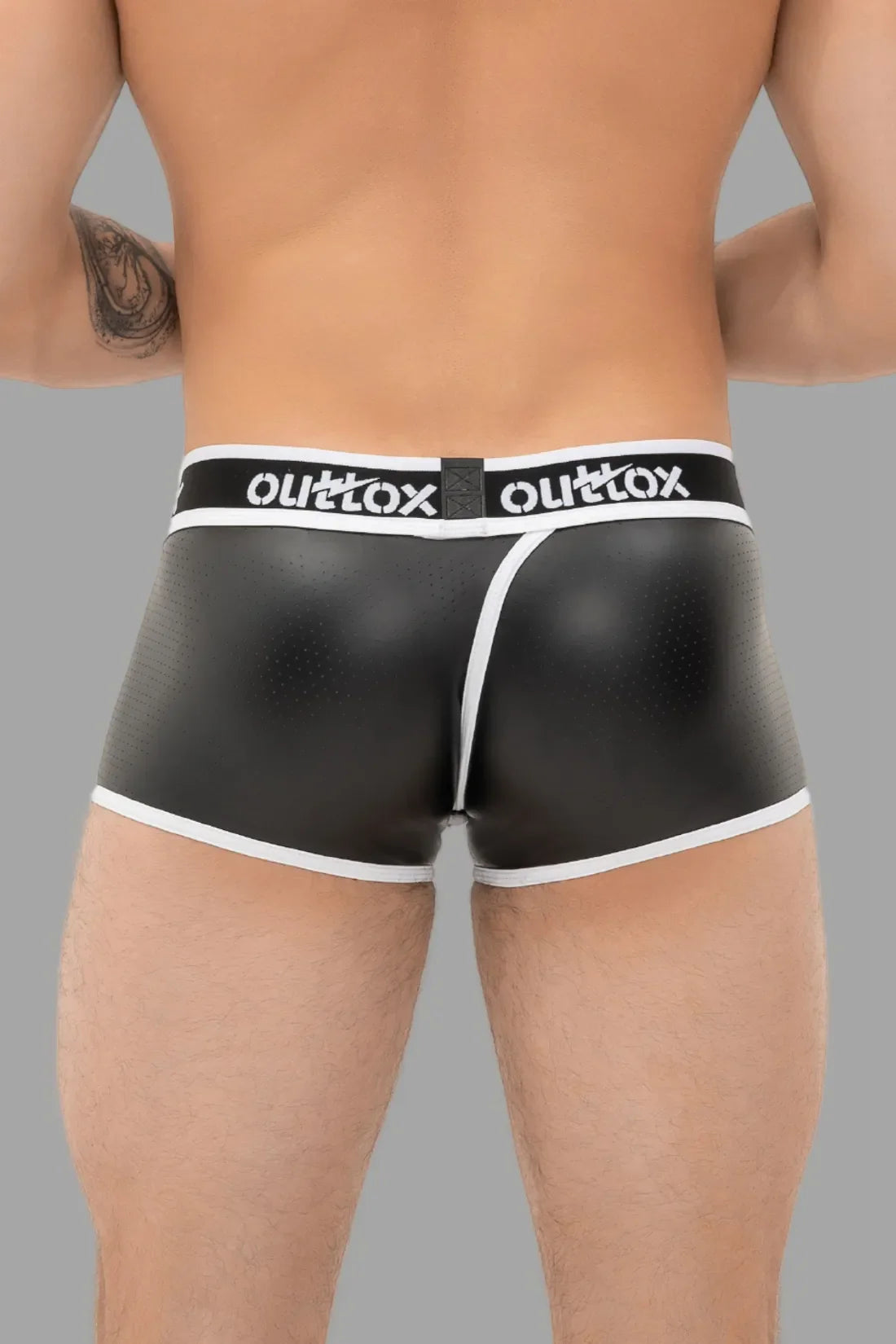 Outtox. Wrapped Rear Trunk Shorts with Snap Codpiece. Black and White