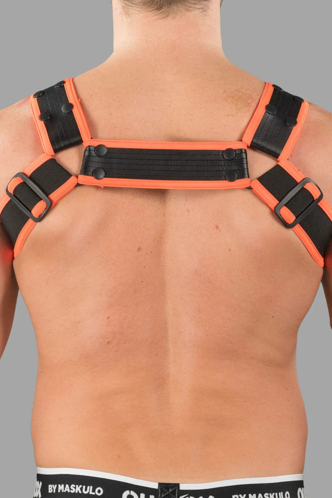 Outtox by Maskulo. Bulldog Harness with Snaps. Black and Orange