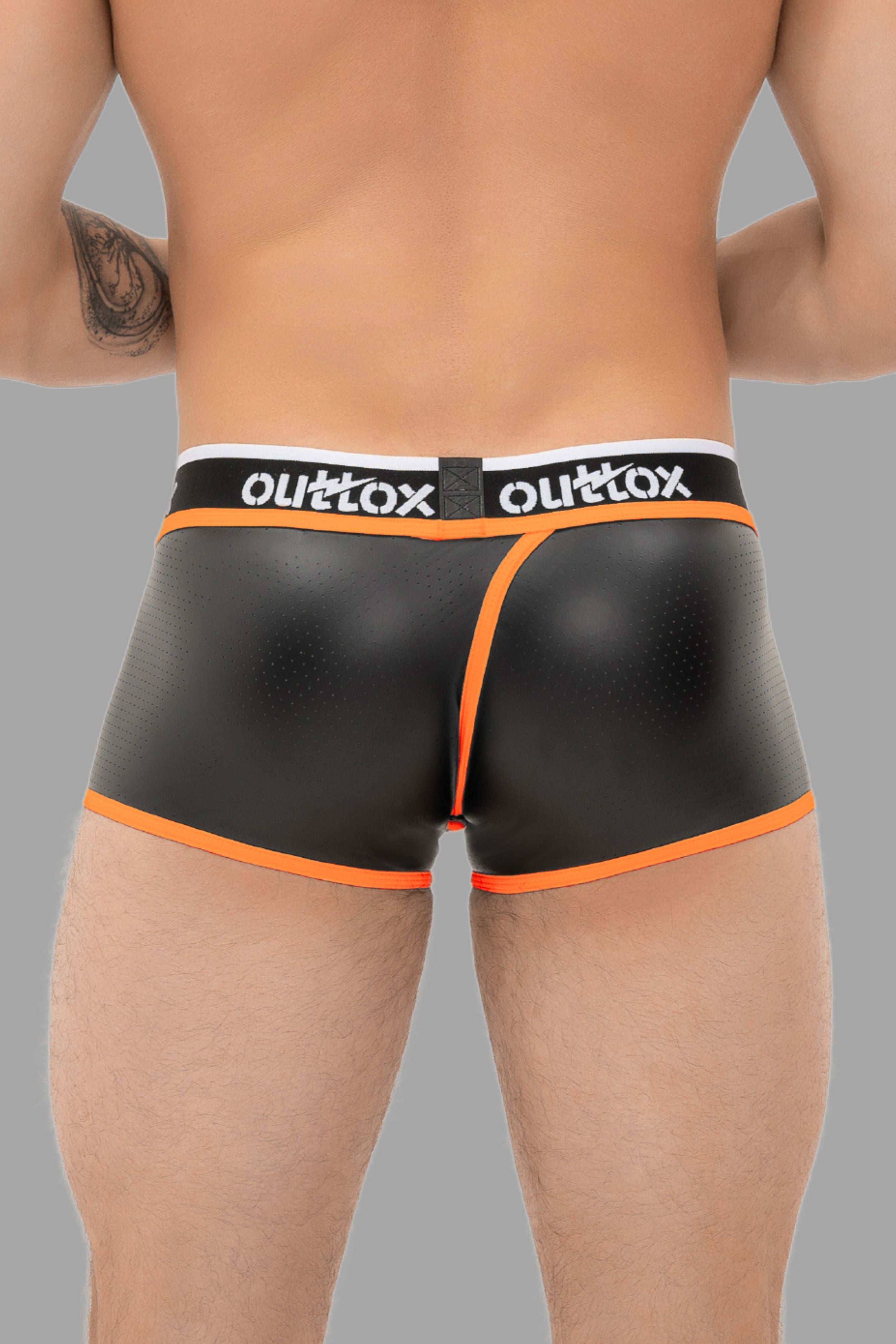Outtox. Pantalones cortos traseros envueltos con bragueta a presión. Negro+Naranja