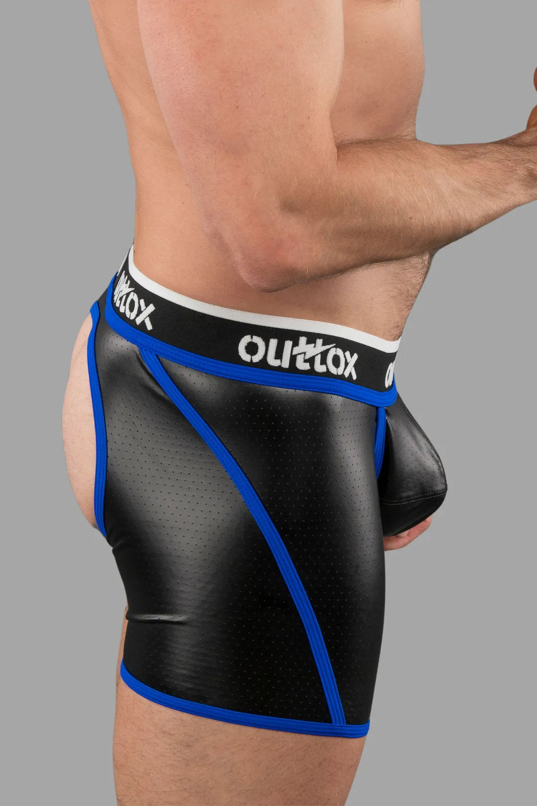 Outtox. Open Rear Shorts with Snap Codpiece. Black and Blue