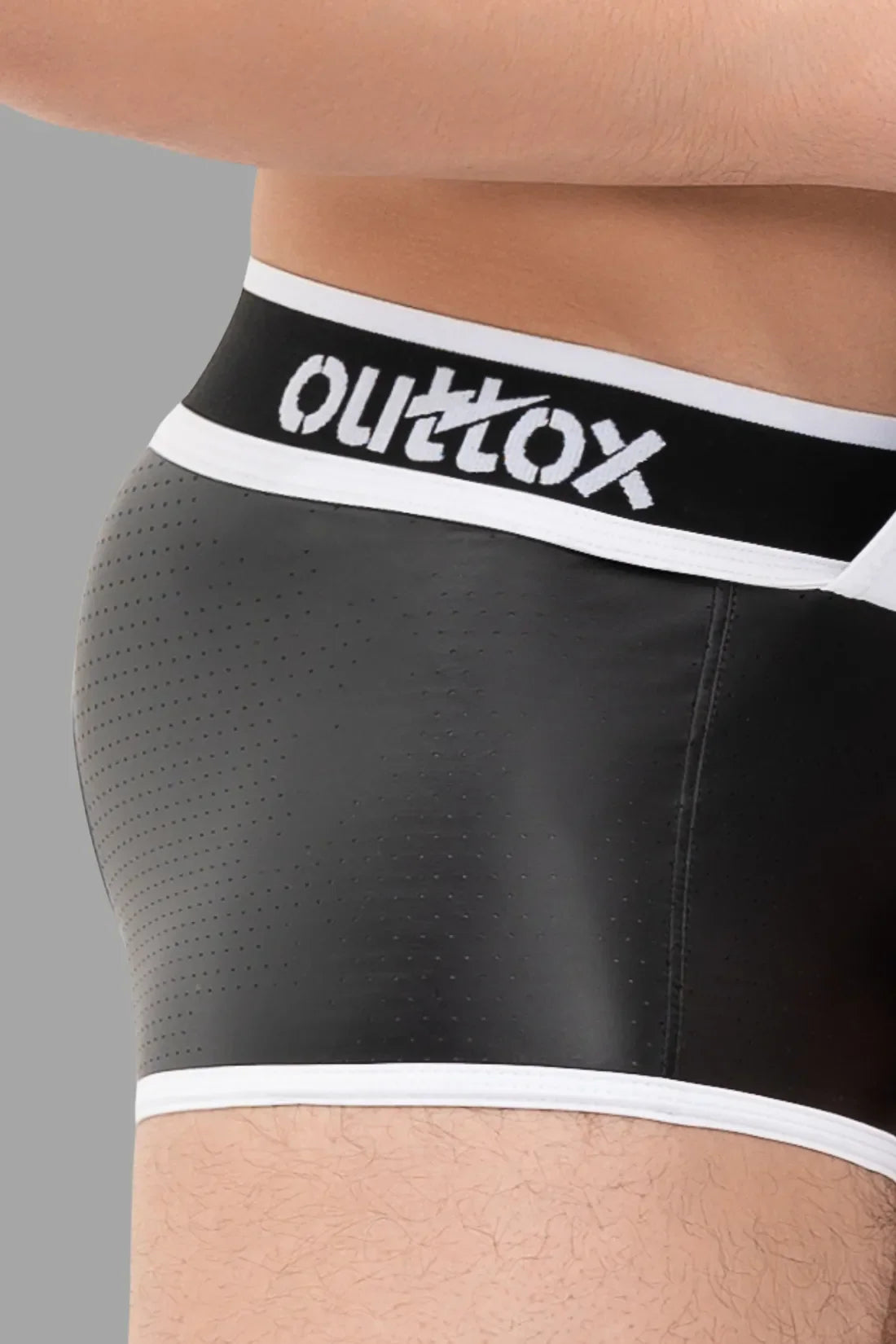 Outtox. Open Rear Trunk Shorts with Snap Codpiece. Black and White